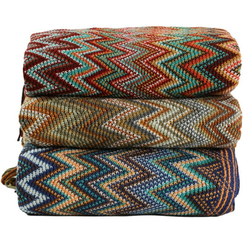 Striped Bohemian Knitted Throw Blanket – Soft Acrylic Fiber, Cozy for All Seasons
