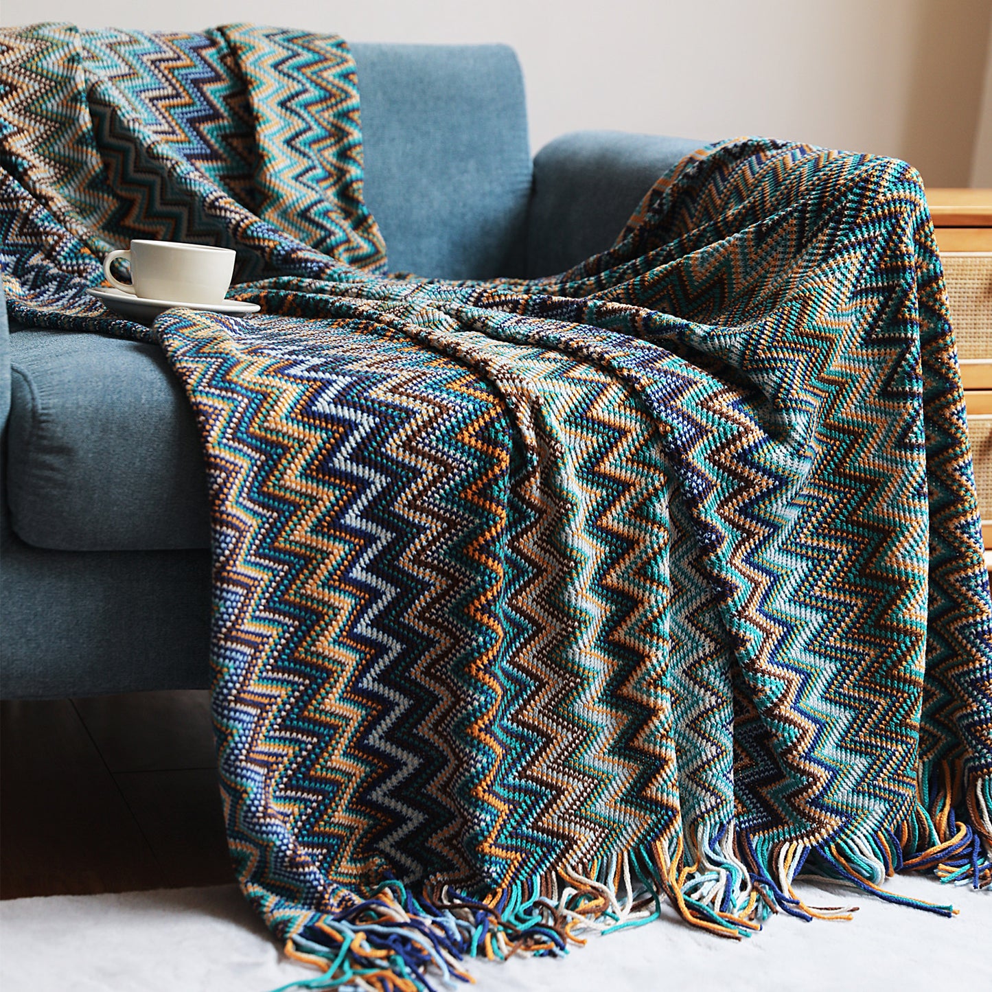 Striped Bohemian Knitted Throw Blanket – Soft Acrylic Fiber, Cozy for All Seasons
