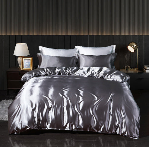 Luxury 4-Piece Double-Sided Silk Satin Bedding Set – Fitted Sheet & Quilt Cover