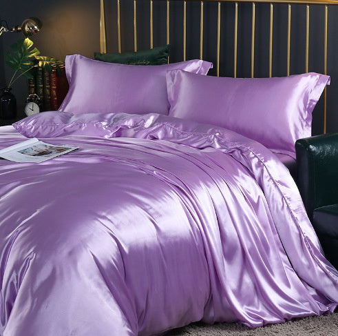 Luxury 4-Piece Double-Sided Silk Satin Bedding Set – Fitted Sheet & Quilt Cover