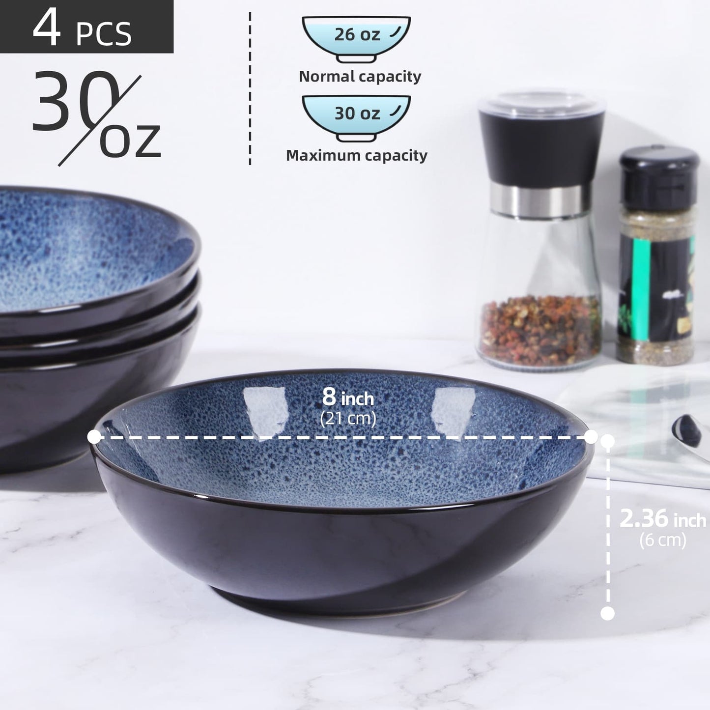 Peacock Dawn – Set of 4 Kiln-Glazed 8-Inch Ceramic Bowls