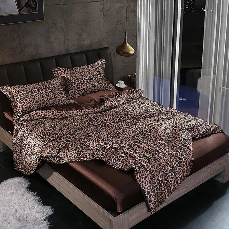 Luxury 4-Piece Double-Sided Silk Satin Bedding Set – Fitted Sheet & Quilt Cover Leopard Print / 1.2m Four Piece Set by Simple Homes