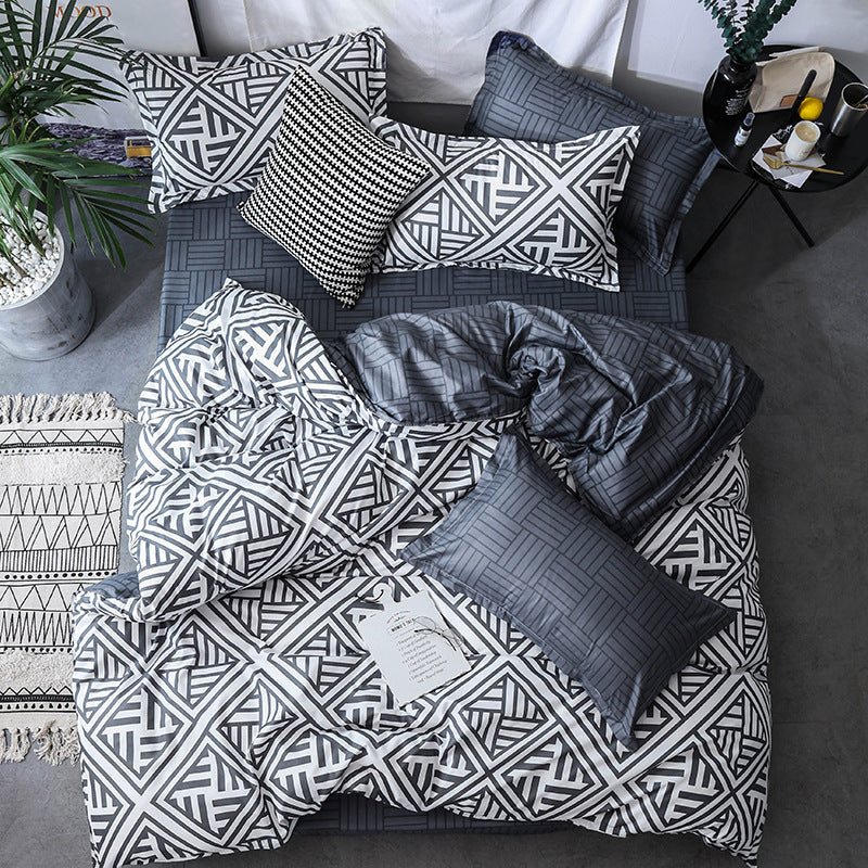 Geometric Pattern Quilt Cover Set with Pillowcases – Antibacterial Ramie Bedding