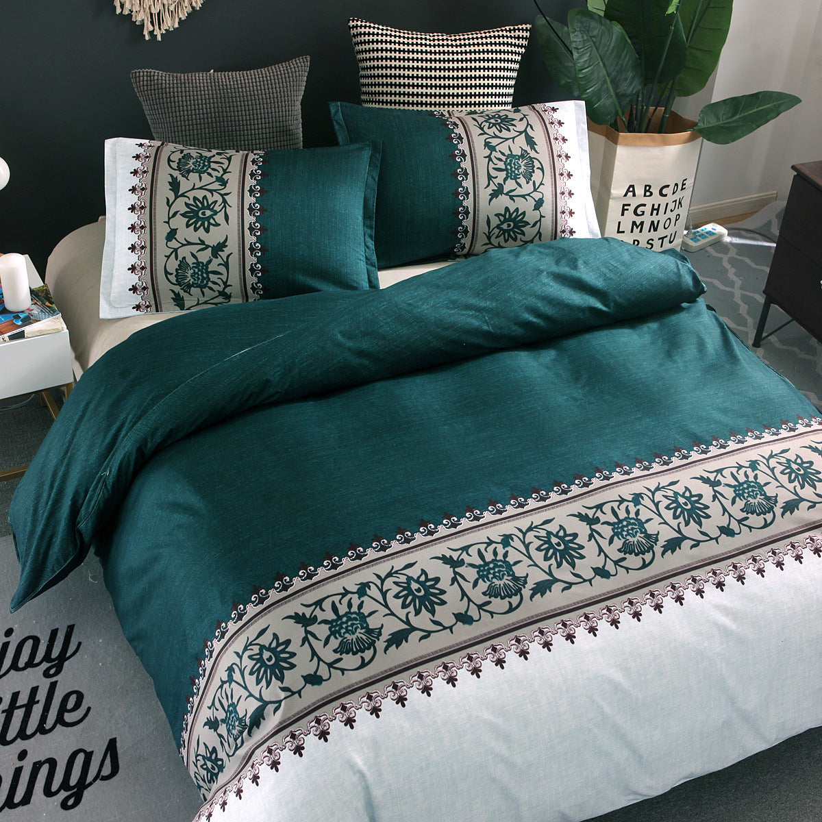 Boho-Inspired Quilted Duvet Cover Set – Floral Embroidery Pattern (No Sheet)