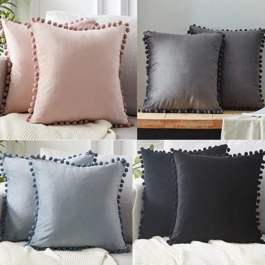 Velvet Pom-Pom Trim Cushion Cover Collection