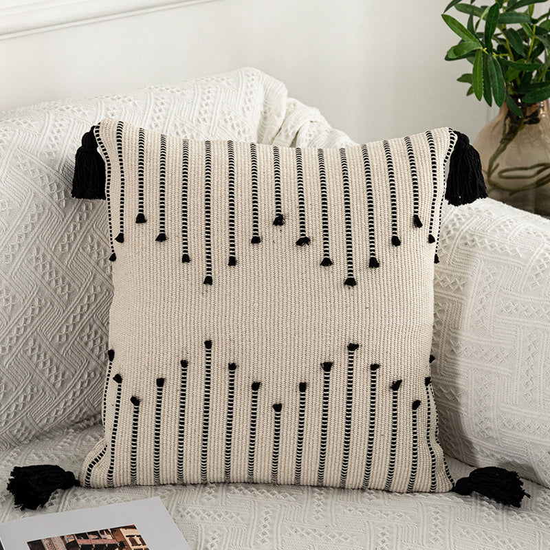Woven Fringe Pillow Cover – Black & White