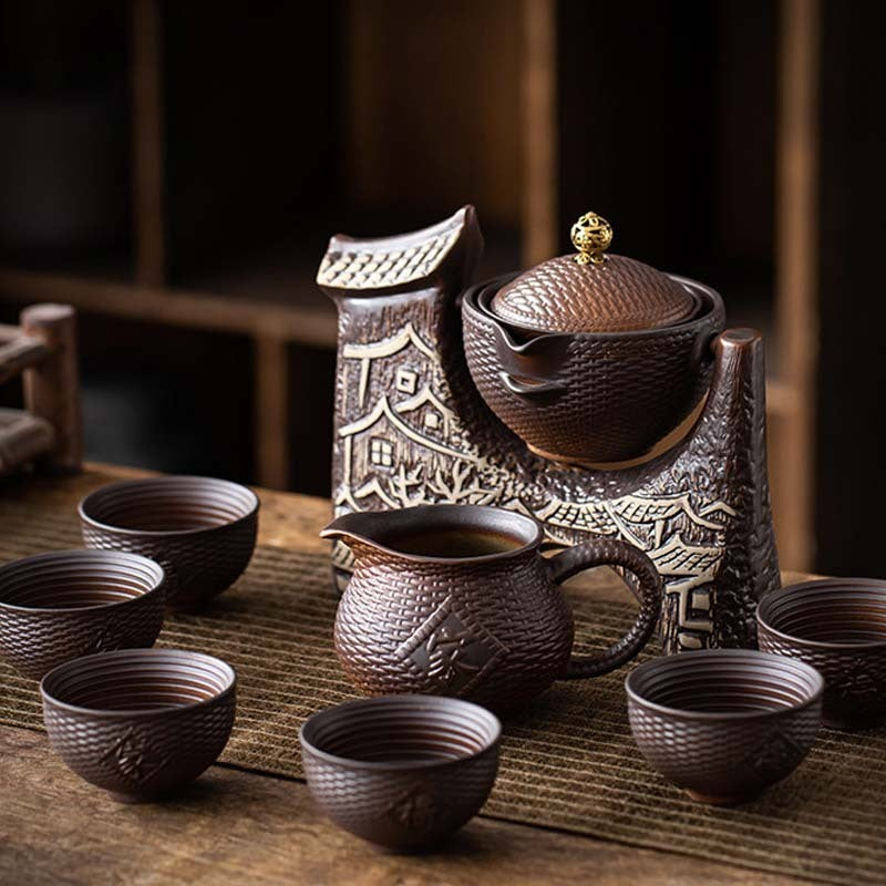 Artisan Firewood Pottery Tea Set – 8-Piece Handmade Collection