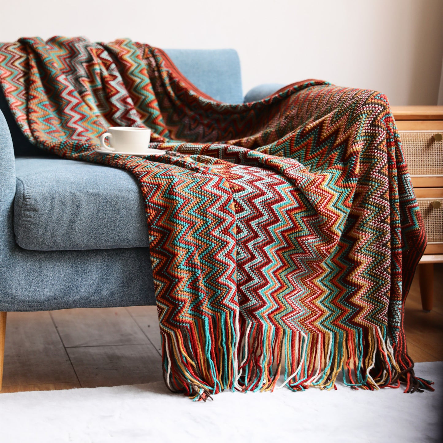 Striped Bohemian Knitted Throw Blanket – Soft Acrylic Fiber, Cozy for All Seasons