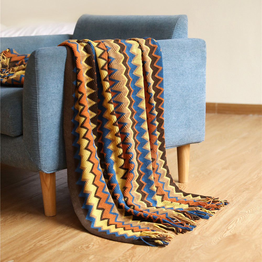 Striped Bohemian Knitted Throw Blanket – Soft Acrylic Fiber, Cozy for All Seasons