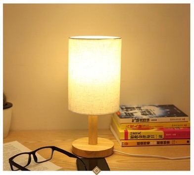 Wooden LED Table Lamp with Linen Shade – USB Bedside Decorative Light