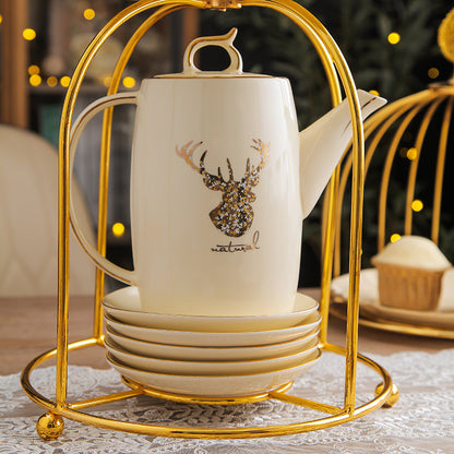 Luxury Elk-Inspired 13-Piece Ceramic Tea Set with Stand – Teapot, Cups & Saucers