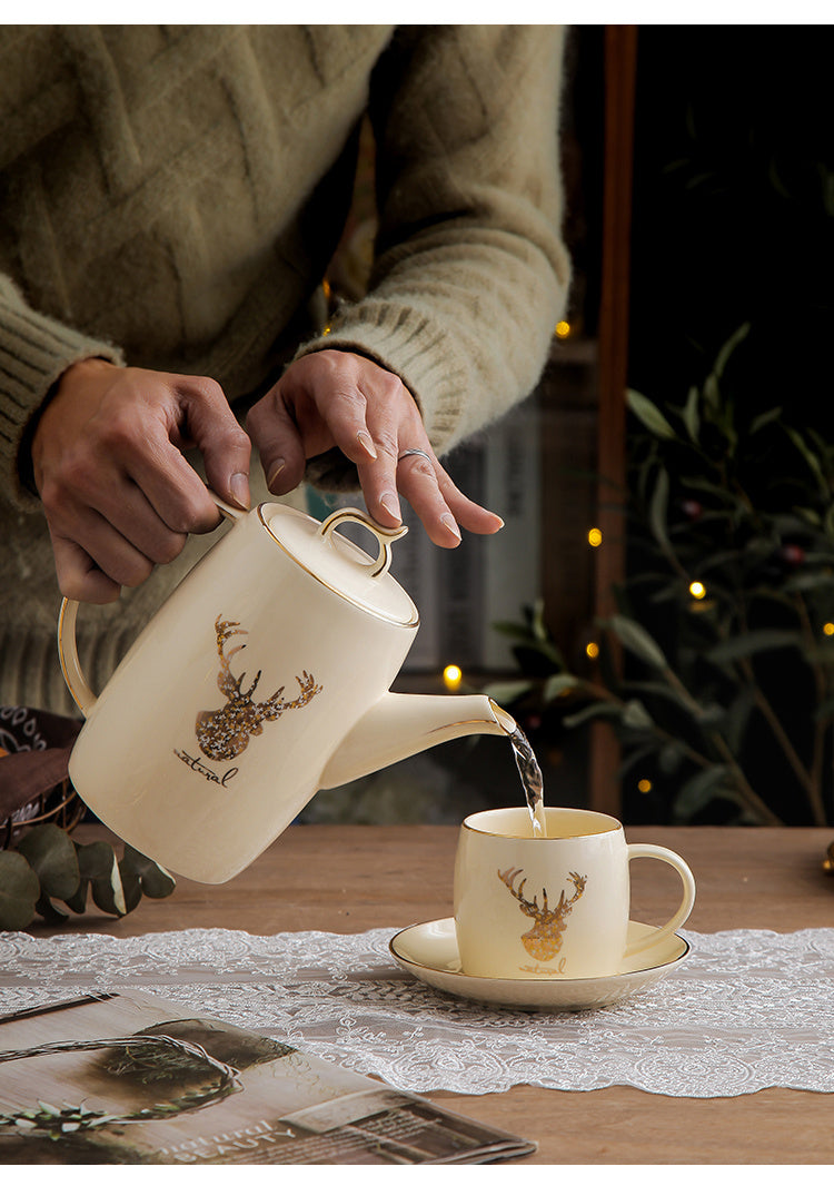 Luxury Elk-Inspired 13-Piece Ceramic Tea Set with Stand – Teapot, Cups & Saucers