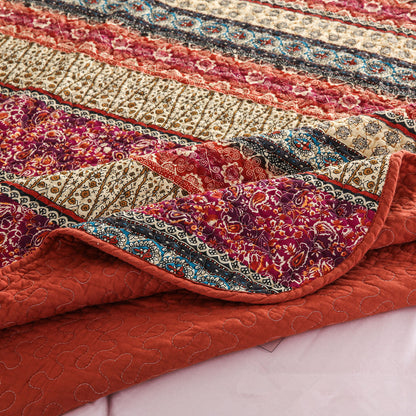 3-Piece Cotton & Linen Style Quilt Set – Vintage Floral Stripes, Washed Finish