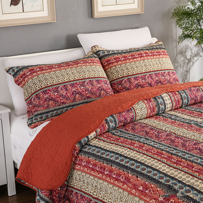 3-Piece Cotton & Linen Style Quilt Set – Vintage Floral Stripes, Washed Finish