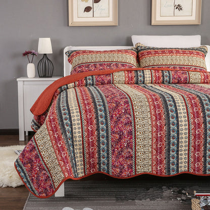 3-Piece Cotton & Linen Style Quilt Set – Vintage Floral Stripes, Washed Finish