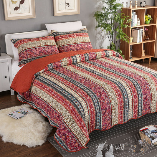 3-Piece Cotton & Linen Style Quilt Set – Vintage Floral Stripes, Washed Finish