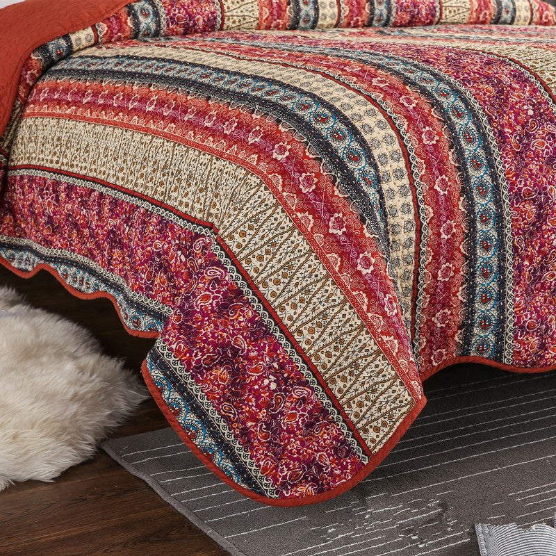 3-Piece Cotton & Linen Style Quilt Set – Vintage Floral Stripes, Washed Finish