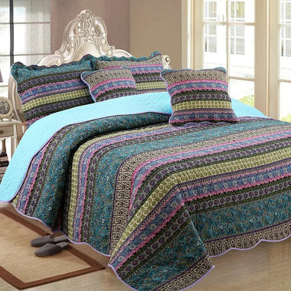 3-Piece Cotton & Linen Style Quilt Set – Vintage Floral Stripes, Washed Finish Green threepiece suit by Simple Homes