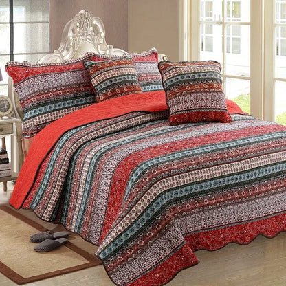 3-Piece Cotton & Linen Style Quilt Set – Vintage Floral Stripes, Washed Finish Red2 three piece suit by Simple Homes