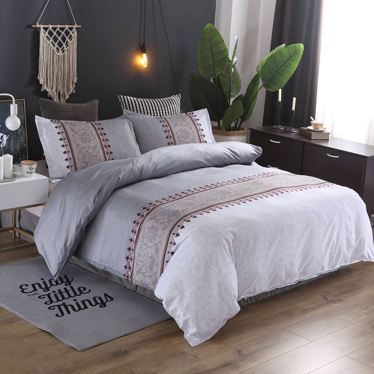 Boho-Inspired Quilted Duvet Cover Set – Floral Embroidery Pattern (No Sheet)