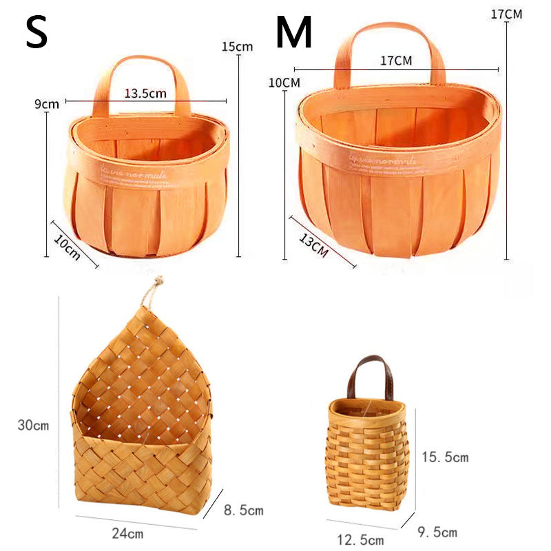 Vintage Woven Hanging Storage Baskets – Wall-Mounted Wooden Organizer