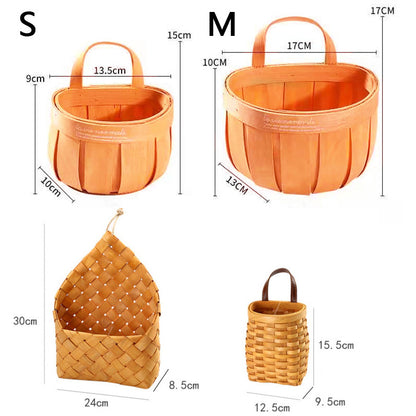 Vintage Woven Hanging Storage Baskets – Wall-Mounted Wooden Organizer