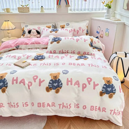4-Piece Printed Bedding Set – Soft Sanded Cotton, Multiple Sizes Pink Bear / 1M 3pc by Simple Homes