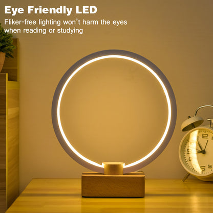 Modern Circular LED Night Lamp – Bamboo & Aluminum USB Bedside Light