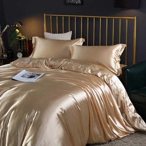 Luxury 4-Piece Double-Sided Silk Satin Bedding Set – Fitted Sheet & Quilt Cover