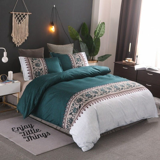 Boho-Inspired Quilted Duvet Cover Set – Floral Embroidery Pattern (No Sheet)