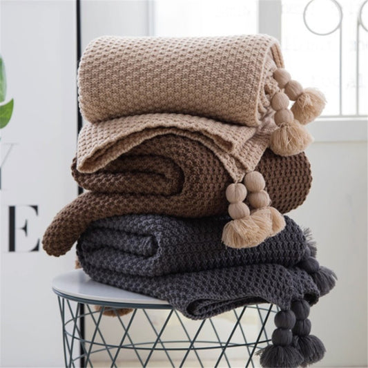 Nordic Knit Pom-Pom Throw Blanket