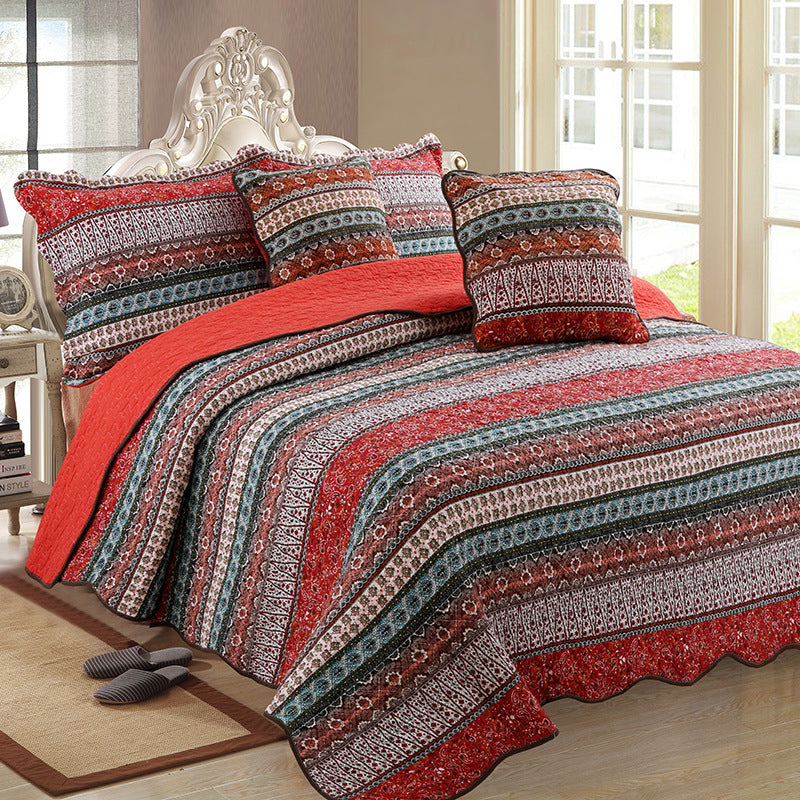 3-Piece Cotton & Linen Style Quilt Set – Vintage Floral Stripes, Washed Finish