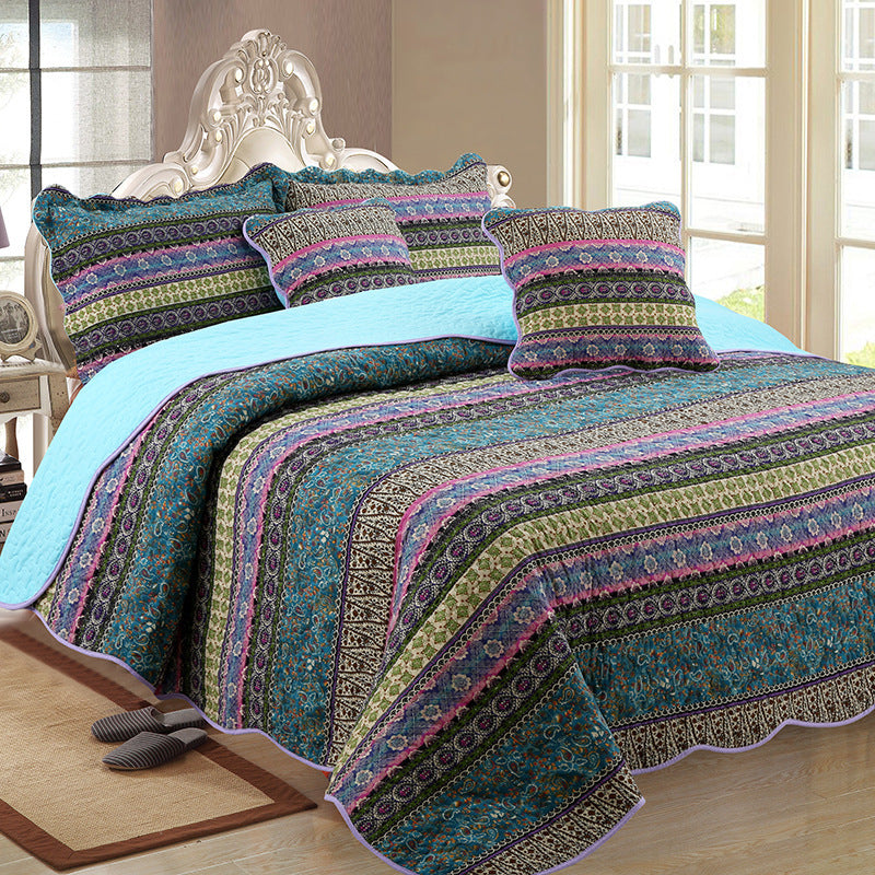 3-Piece Cotton & Linen Style Quilt Set – Vintage Floral Stripes, Washed Finish
