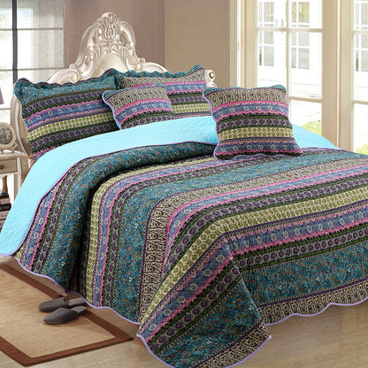 3-Piece Cotton & Linen Style Quilt Set – Vintage Floral Stripes, Washed Finish