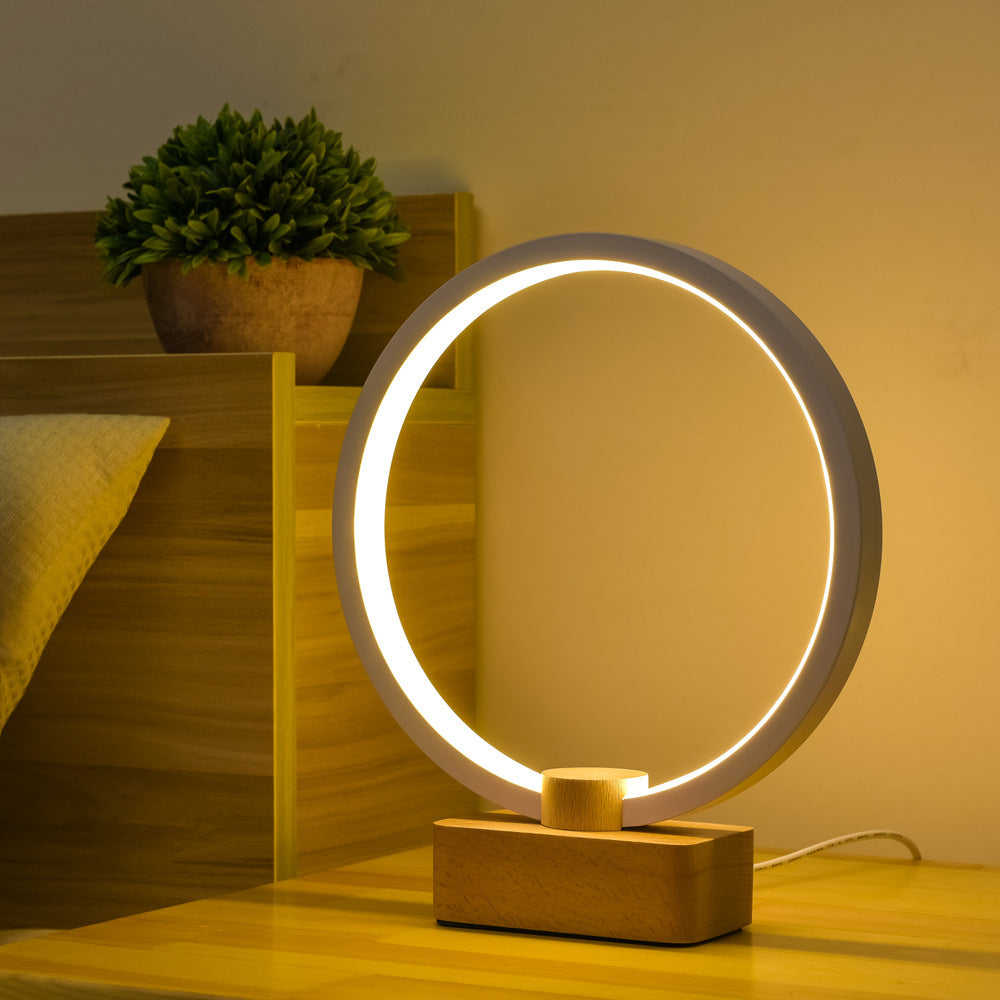 Modern Circular LED Night Lamp – Bamboo & Aluminum USB Bedside Light
