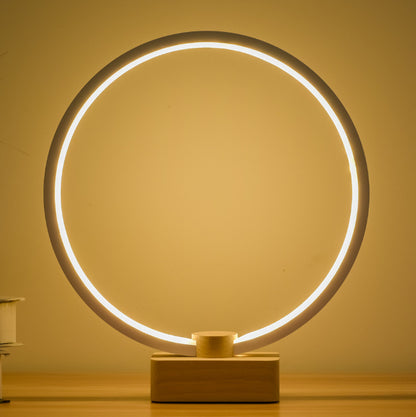 Modern Circular LED Night Lamp – Bamboo & Aluminum USB Bedside Light