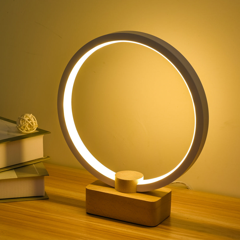 Modern Circular LED Night Lamp – Bamboo & Aluminum USB Bedside Light