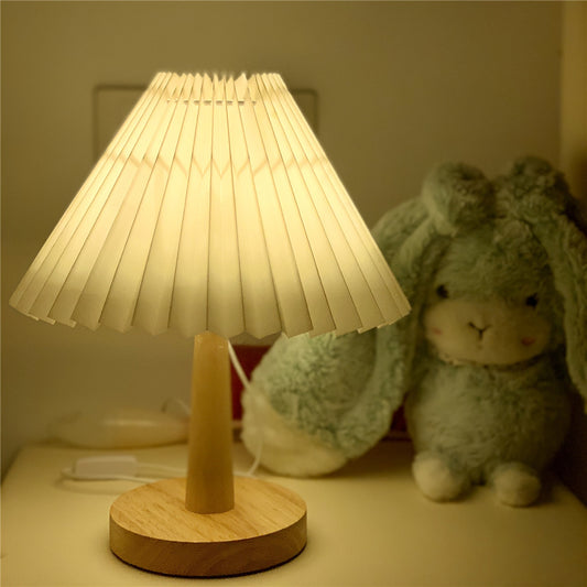 Modern Bamboo Wood Table Lamp with Fabric Lampshade – Warm Dimmable LED, USB Rechargeable