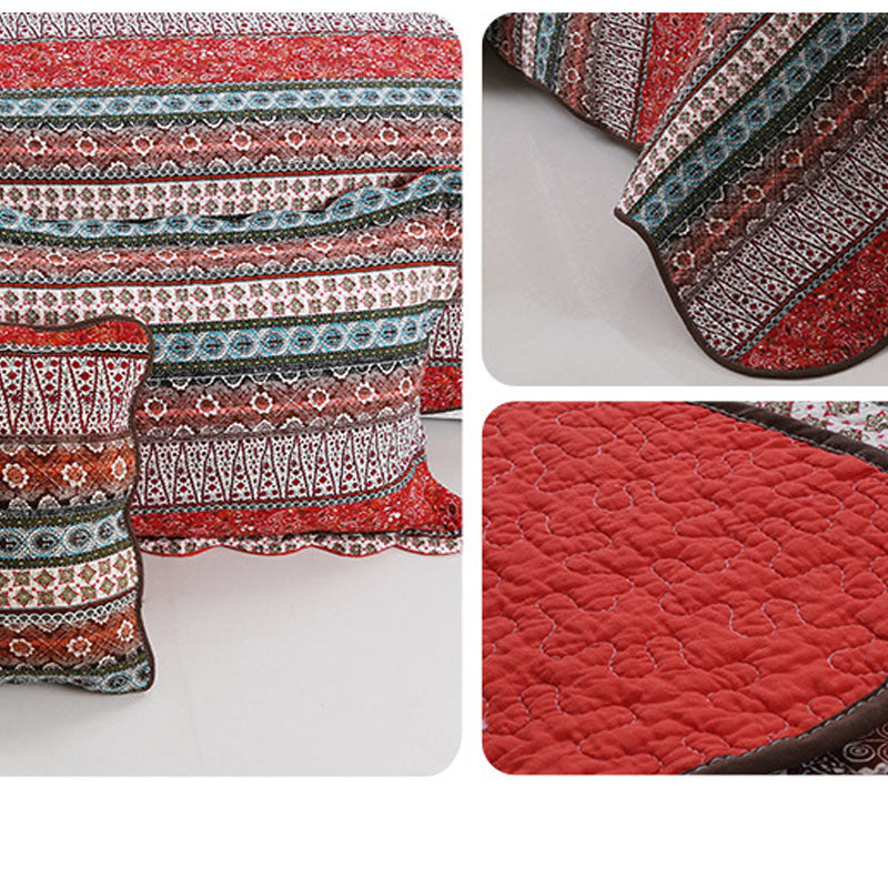 3-Piece Cotton & Linen Style Quilt Set – Vintage Floral Stripes, Washed Finish