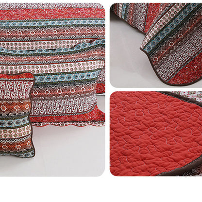 3-Piece Cotton & Linen Style Quilt Set – Vintage Floral Stripes, Washed Finish