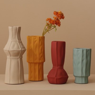 Morandi Geometric Ceramic Vase – Textured Elegance