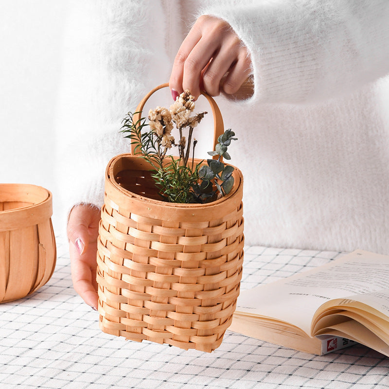 Vintage Woven Hanging Storage Baskets – Wall-Mounted Wooden Organizer