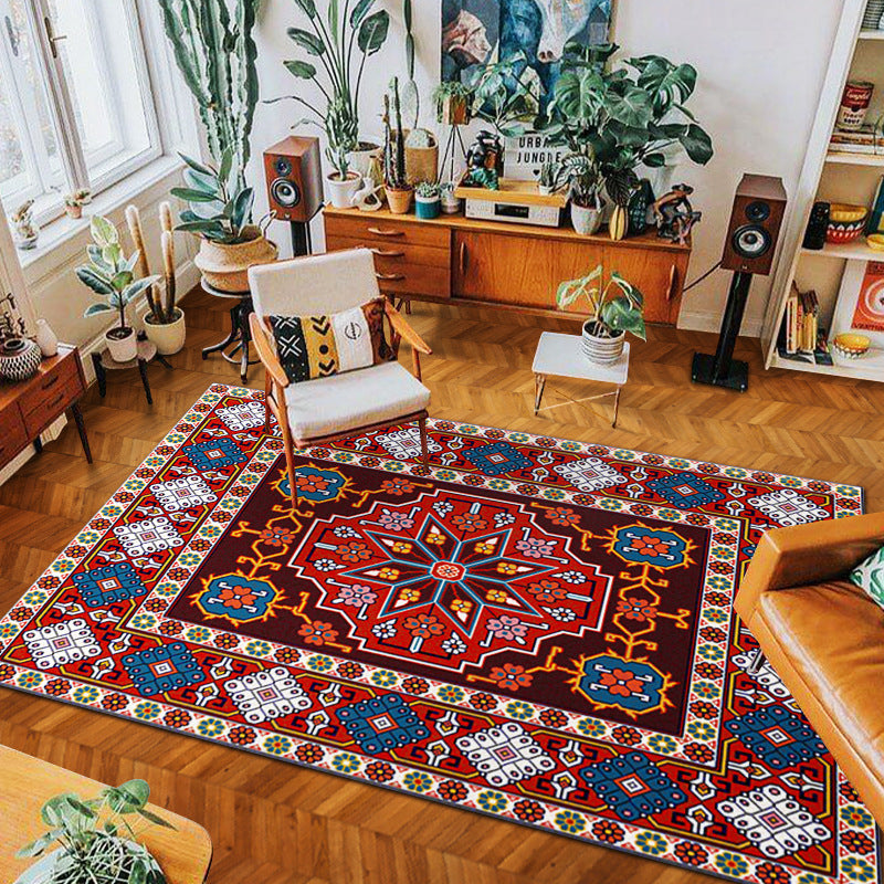 Bedroom corner with soft bohemian woven carpet
