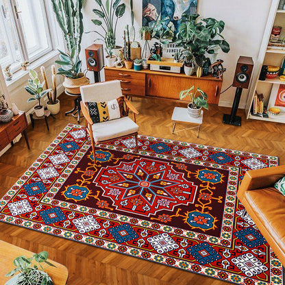 Bedroom corner with soft bohemian woven carpet