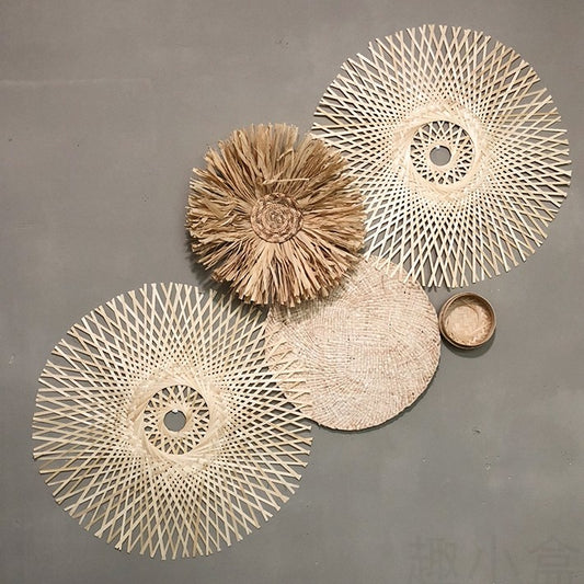 Bohemian woven wall decor set with natural rattan and seagrass