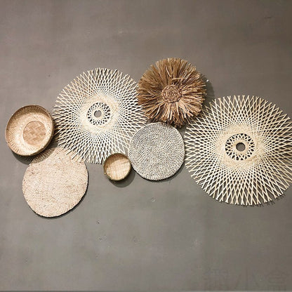 Handcrafted rattan wall hangings in boho style arrangement