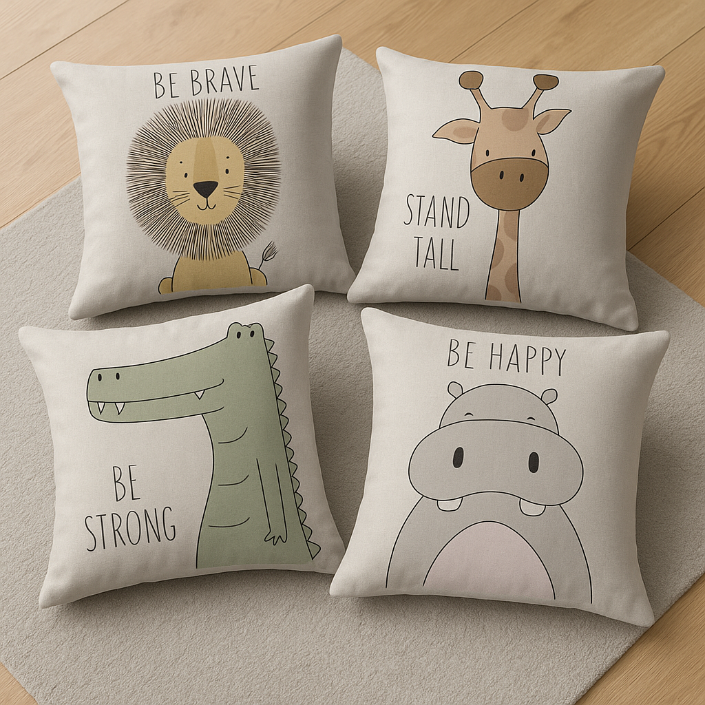 Four decorative pillows with animal illustrations and motivational phrases on a wooden floor.