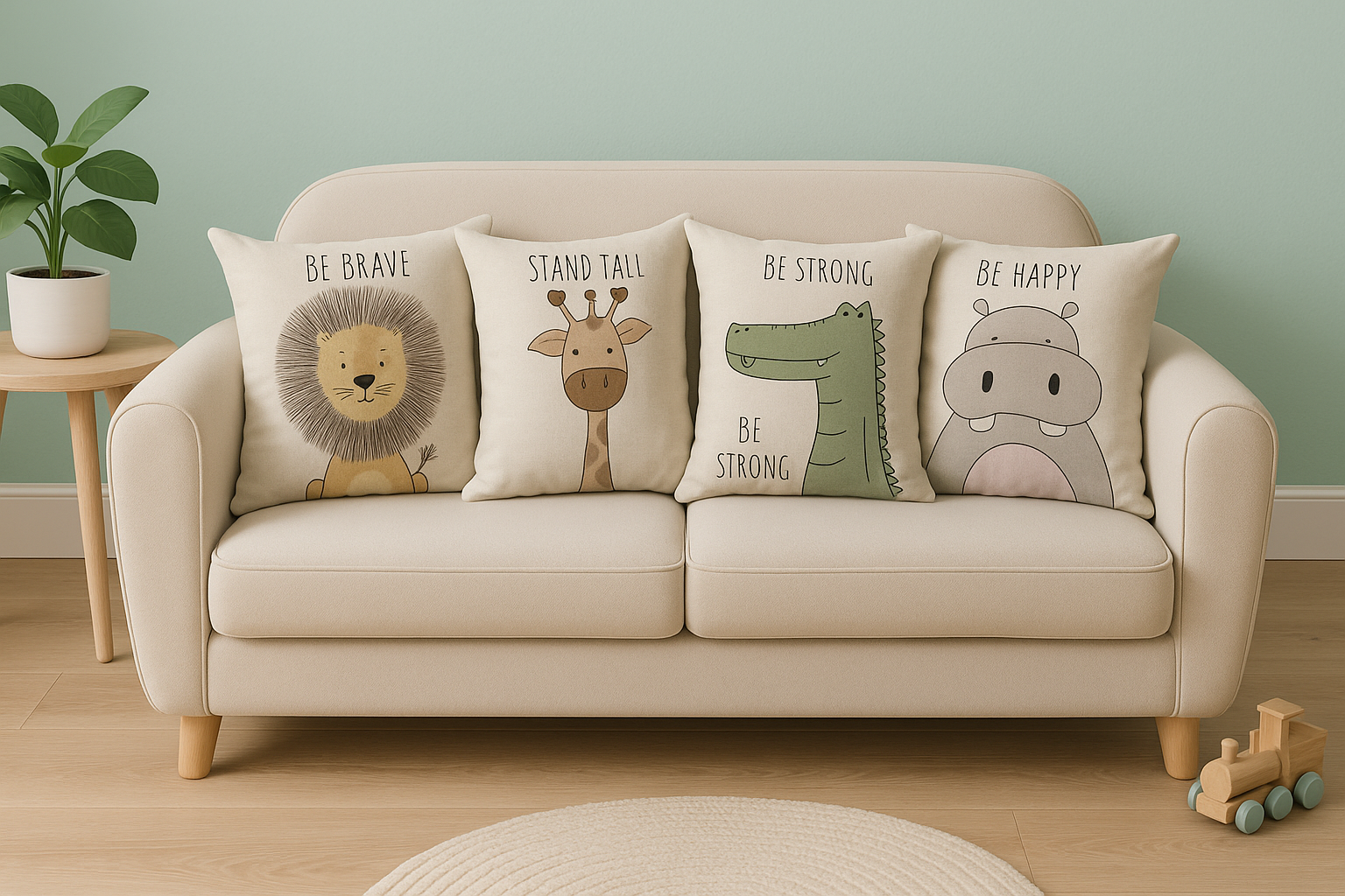 Beige sofa with animal-themed decorative pillows on a light green wall background