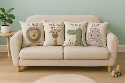 Beige sofa with animal-themed decorative pillows on a light green wall background