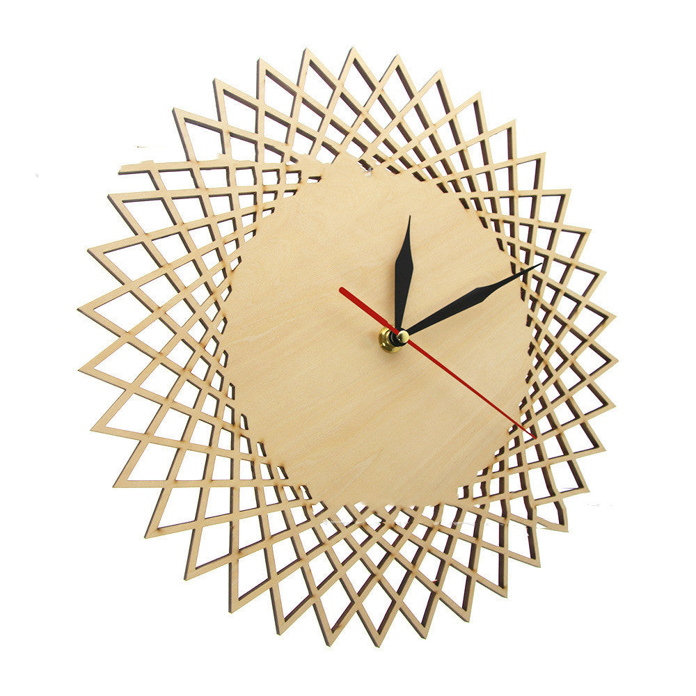 Modern geometric wooden wall clock with intricate openwork design